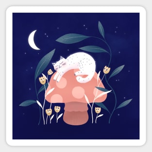 Cute white cat, mushroom and curious flowers, version 5 Sticker